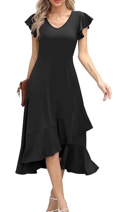 Rochie eleganta de vara, lungime peste genunchi, decolteu in V, fermoar ascuns pe spate, Negru