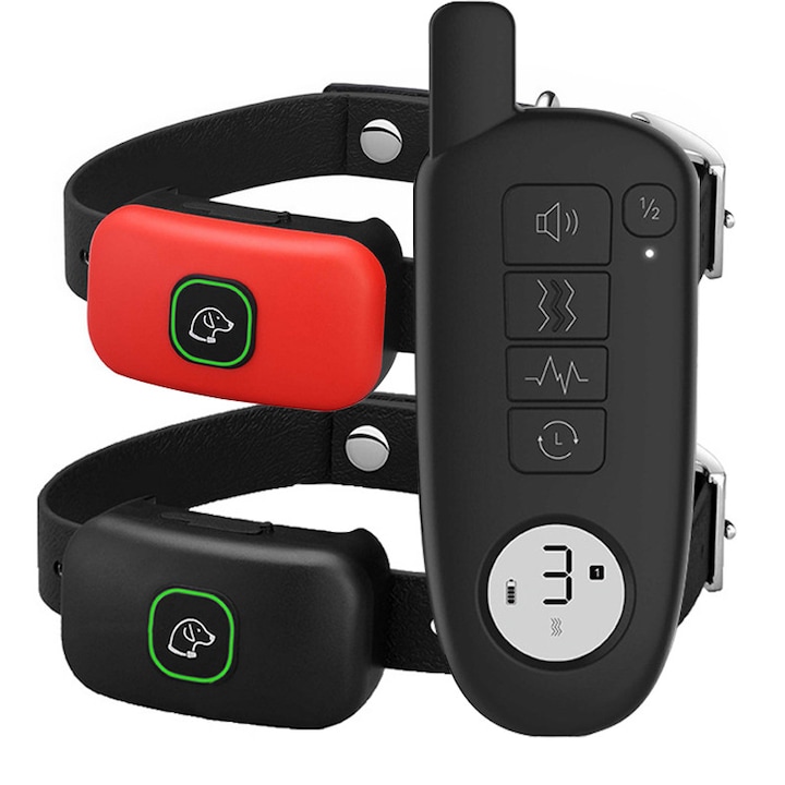 Комплект от 2 нашийника за дресировка на кучета с дистанционно управление, Fudisenn, 300 м, IPX7, черен/червен