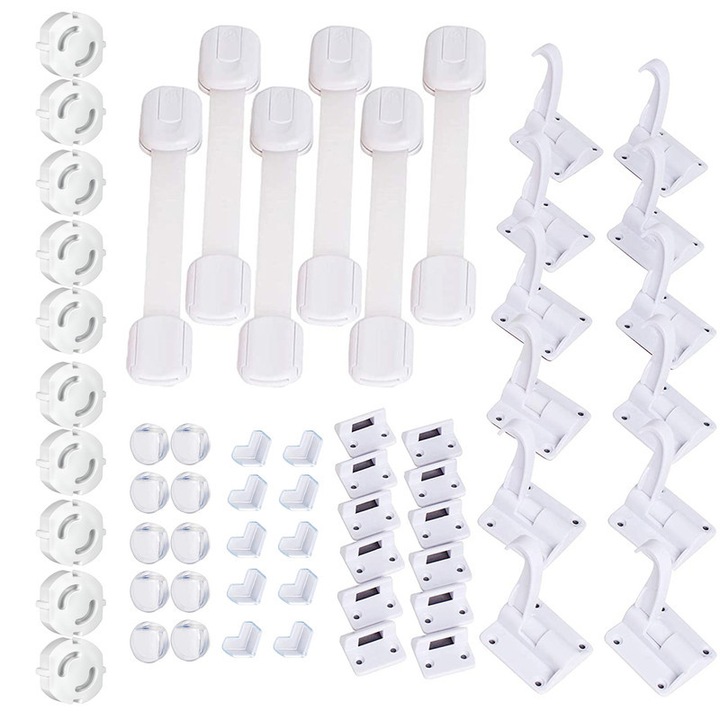 Kit de siguranta pentru copii ZONEY, set complet de protectie, 6 incuietori ajustabile, 12 blocari invizibile, 10 capace pentru prize, 20 protectii colturi