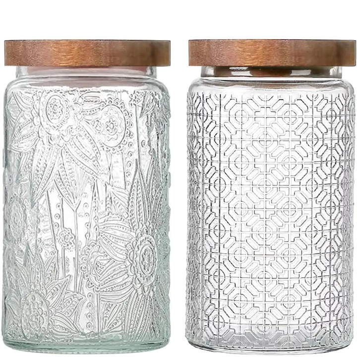 Комплект от 2 стъклени буркана Elindor® с дървен капак, винтидж резбован дизайн, вместимост 1000 мл, херметически затворени контейнери за съхранение на кафе, захар, паста, подправки или сладкиши, прозрачни