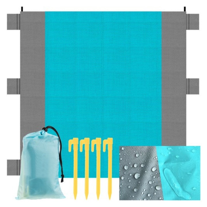 Водоустойчива постелка за плаж или къмпинг, Zola, 6 джоба за стабилност или съхранение, котви, чанта за съхранение, 208 x 208 см, сиво-синя