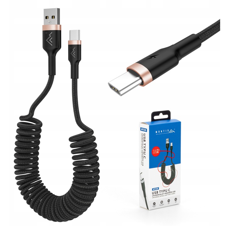 Спирален USB кабел Usb-C, Mt130, Конектори: Usb Тип A, Usb Тип C, Ток на зареждане: 3A, Дължина преди разтягане: 35 Cm, Дължина след разтягане: 150 Cm, Скорост на трансфер на данни: 480 Mb/S, 35 Cm X 150 Cm