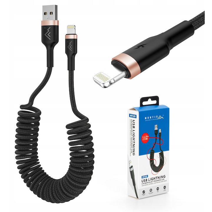 Спирален кабел Usb Lightning, зарядно устройство, Mt129, конектор 1: USB тип A, конектор 2: Lightning, скорост на трансфер на данни: 480 Mb/s, оплетка: найлон, 35 Cm X 150 Cm