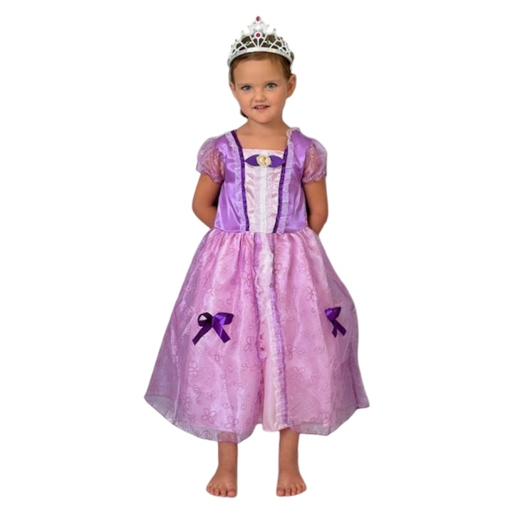 Rochie fetite pentru carnaval cu sclipici roz Mixbo, Printesa, fundite si brosa, satin/tul, 8-9 ani, mov