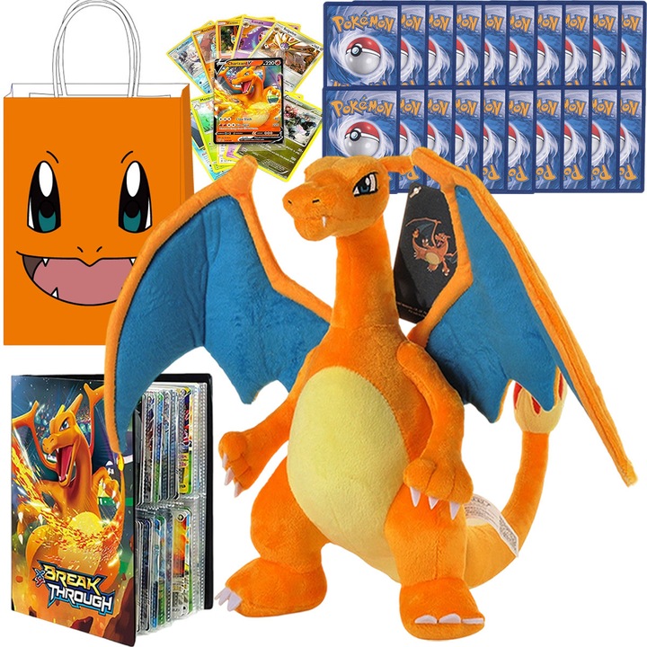 Jucarie de plusa Pokemon Fire Spray, care contine 10 carti Breakthrough, un album de carti de colectie, colectie Pokemon pentru fani