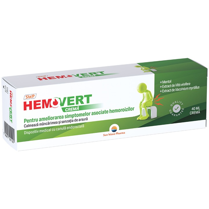 Hemovert Cremă, Sun Wave Pharma, Extract de Castan sălbatic, pentru calmarea hemoroizilor, 40 ml