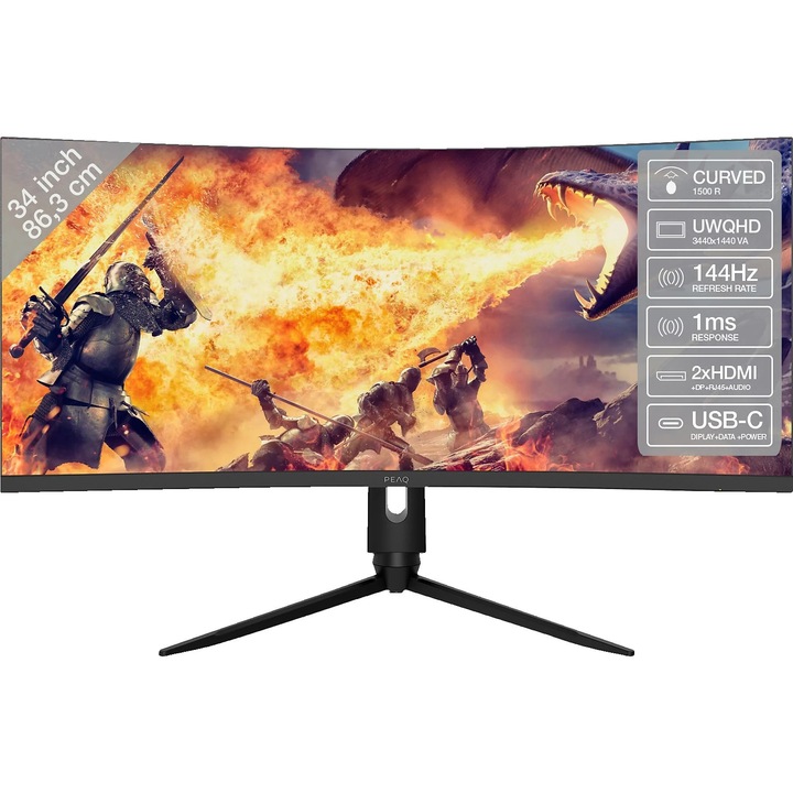 Monitor PEAQ PMO G340-CWQK, 34", UWQHD VA, 3.440 x 1.440, 1ms, 144 Hz, 1xDisplayPort 1.4, 2xHDMI 2.0, 1xRJ45, 1x USB Type-C (65W), Audio-5 mm kimenet