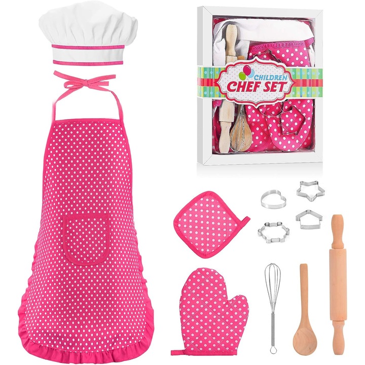 Set bucatarie copii, sapca, sort, manusi, ustensile lemn, multicolor, 3-6 ani