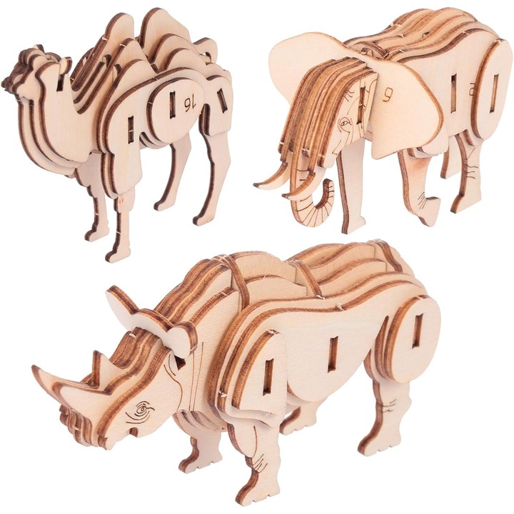 3 броя 3D дървени пъзели с животни, комплект модели, образователни пъзел играчки, 3D занаяти, образователни занаяти, строително инженерство, DIY STEM обучение