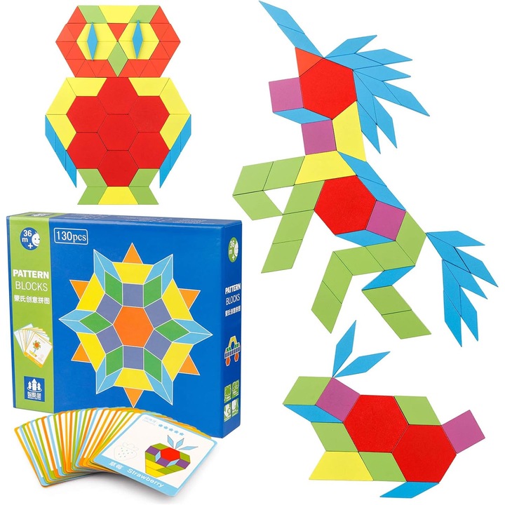 Set blocuri geometrice din lemn, 130 piese, multicolor, 21x23.5x4.5cm
