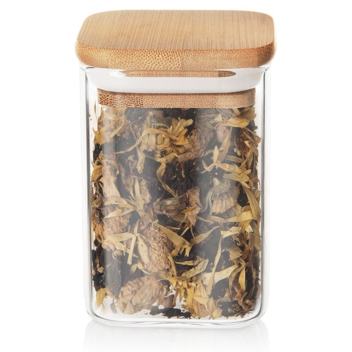 Recipient Sticla, Orion, 6 x 6 x 8.5 cm, Forma Patrata, Sticla, Capac Din Lemn De Bambus, Garnitura Din Silicon, 1 Recipient