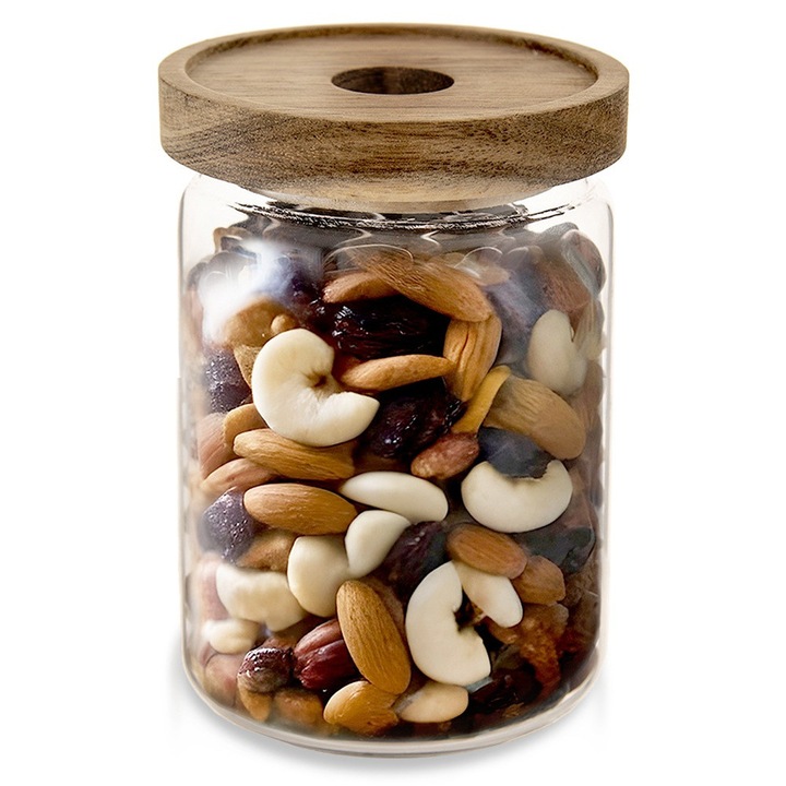 Cutie alimentara, din sticla transparenta, cu capac din lemn, 0,97L, 10x15,5cm, Artemis