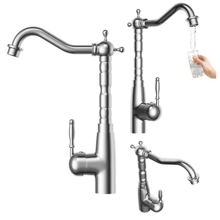 Pachet Baterie De Bucatarie, Granitan, 29x20x23 cm, Crom, Material Din Alama, Cartus Ceramic, Dus Rotativ La 360°, Strat Rezistent La Zgarieturi Si Temperaturi Ridicate, Cu Set De Montaj Si Furtunuri