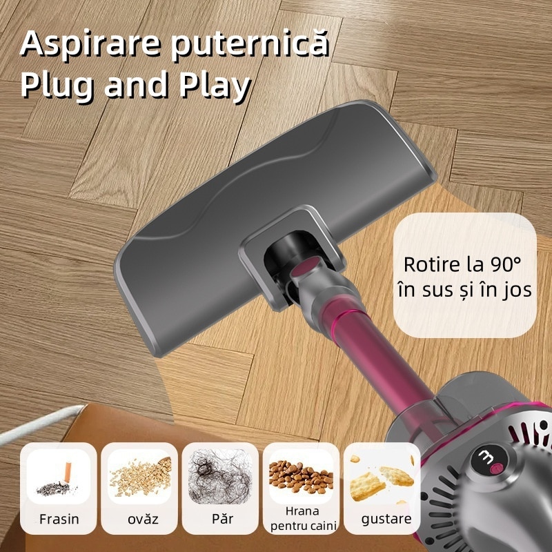 Aspirator vertical fara fir, 120 W, 17 KPa, reglare in 3 viteze, capacitate cutie de praf 600 ml, aspirare si stergere, potrivit pentru lucrarile de curatare casnica, gri-rosu