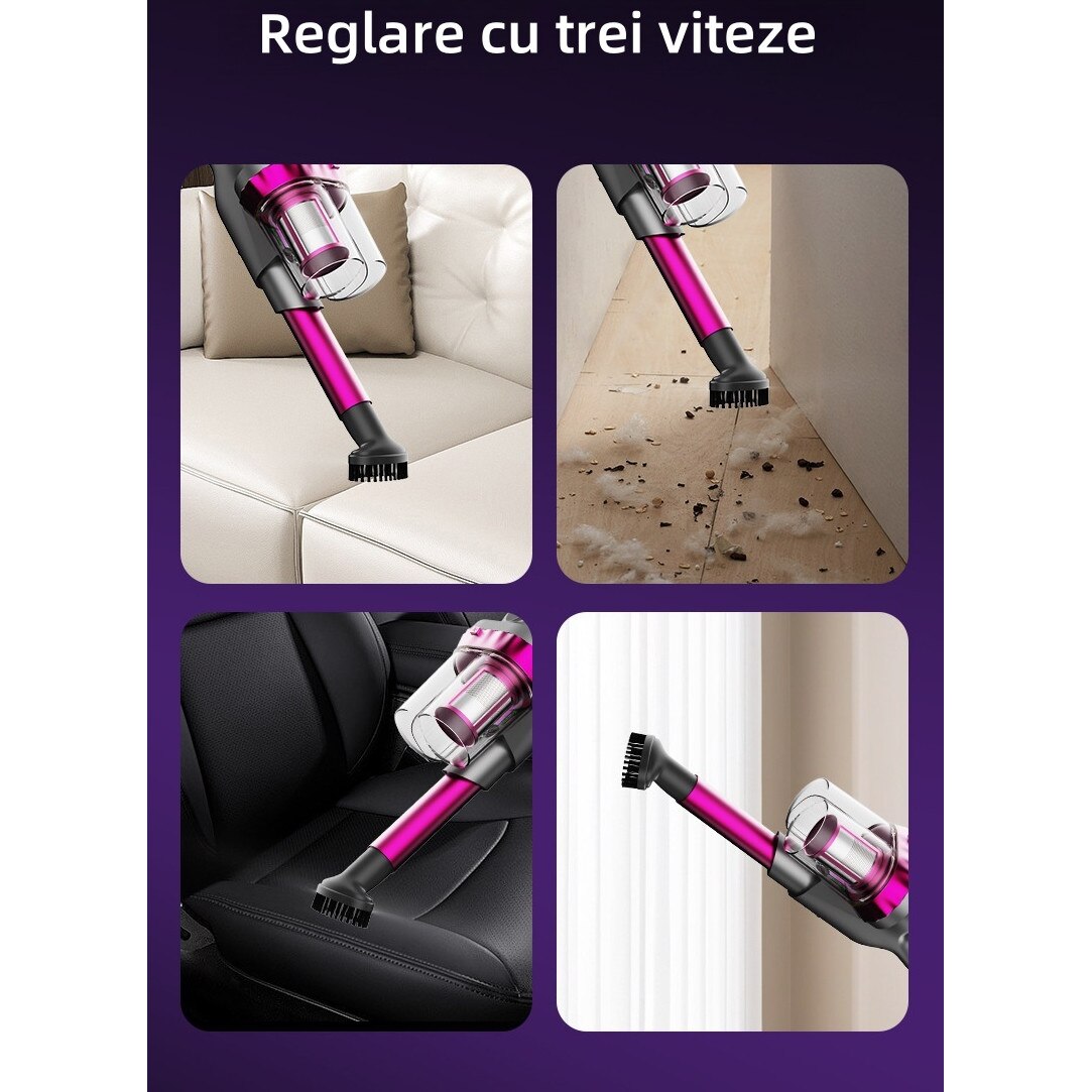 Aspirator vertical fara fir, 120 W, 17 KPa, reglare in 3 viteze, capacitate cutie de praf 600 ml, aspirare si stergere, potrivit pentru lucrarile de curatare casnica, gri-rosu