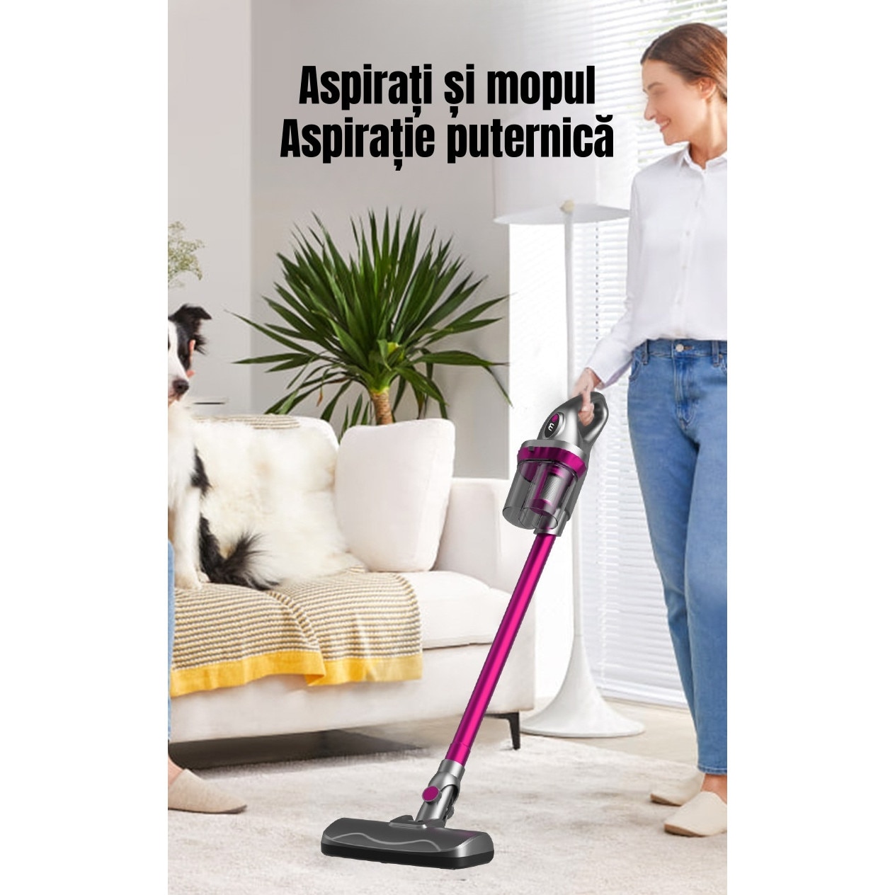 Aspirator vertical fara fir, 120 W, 17 KPa, reglare in 3 viteze, capacitate cutie de praf 600 ml, aspirare si stergere, potrivit pentru lucrarile de curatare casnica, gri-rosu