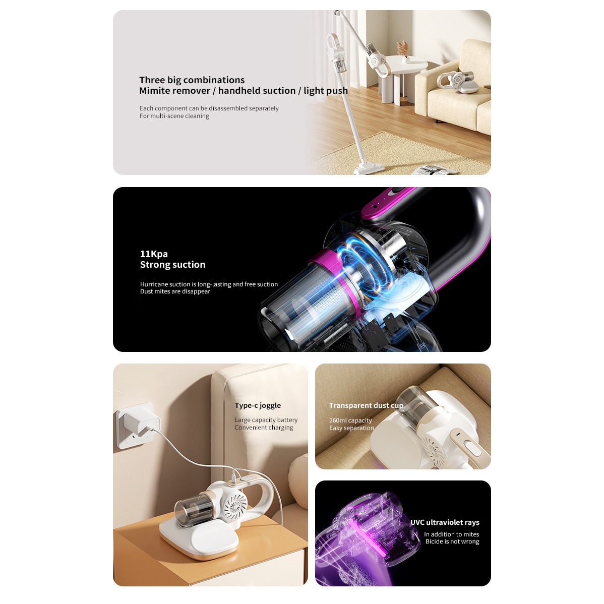 Aspirator fara fir, 120W, sterilizare UVC, 8500Pa, capacitate cupa de praf 260ml, 2000mAh, potrivit pentru lucrari de curatenie casnica, alb