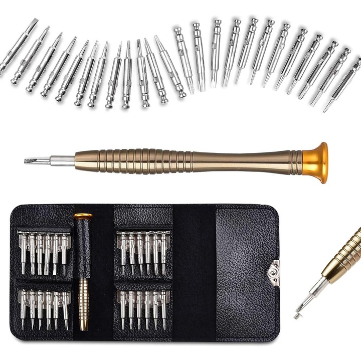 Set surubelnite de precizie 25-in-1, mini trusa profesionala pentru electronice, ceasuri, telefoane si laptopuri, cu varfuri interschimbabile din otel crom-vanadiu si carcasa din piele ecologica