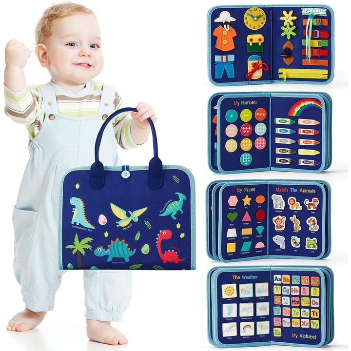 Tabla educativa 7 in 1 ZONEY, activitati de invatare pentru gradinita, abilitati de viata, alfabet, numere, forme, culori, animale, vreme, jucarie de calatorie pentru copii 2 ani, 28x23cm