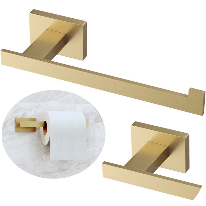 Suport pentru hârtie igienică Granitan Caro, auriu periat, 187x61x38 mm, montare ușoară, rezistent la umiditate