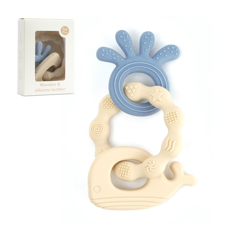 Baba rágóka szett, BPA-mentes szilikon, 7×15cm, Kék