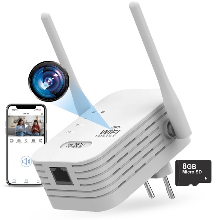 Mini Camera WiFi in Amplificator Semnal iUni RP1, 8GB, Full HD, Vizualizare Live pe telefon