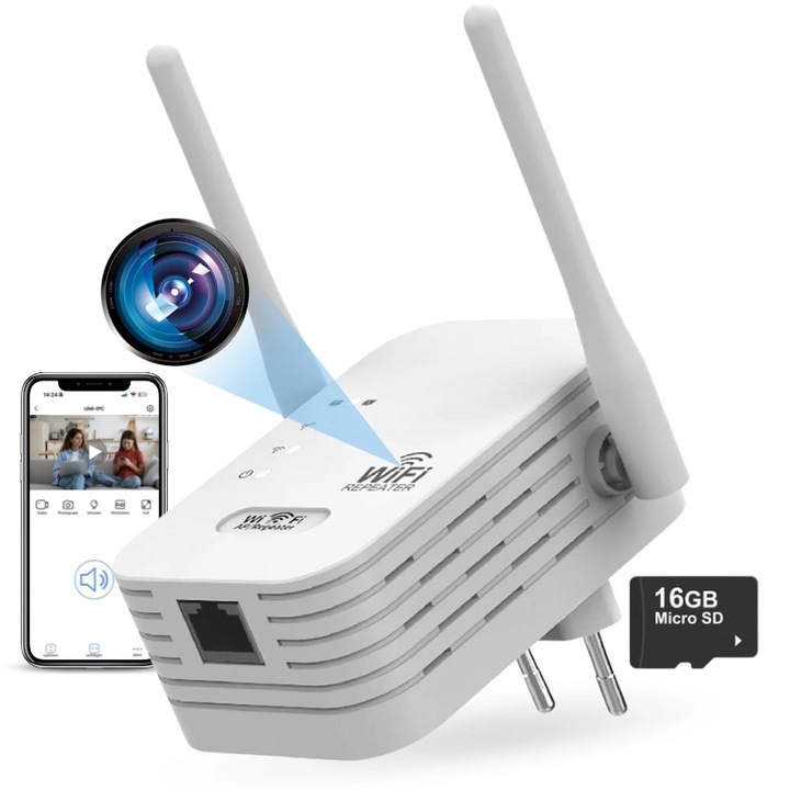 Mini Camera WiFi in Amplificator Semnal iUni RP1, 16GB, Full HD, Vizualizare Live pe telefon