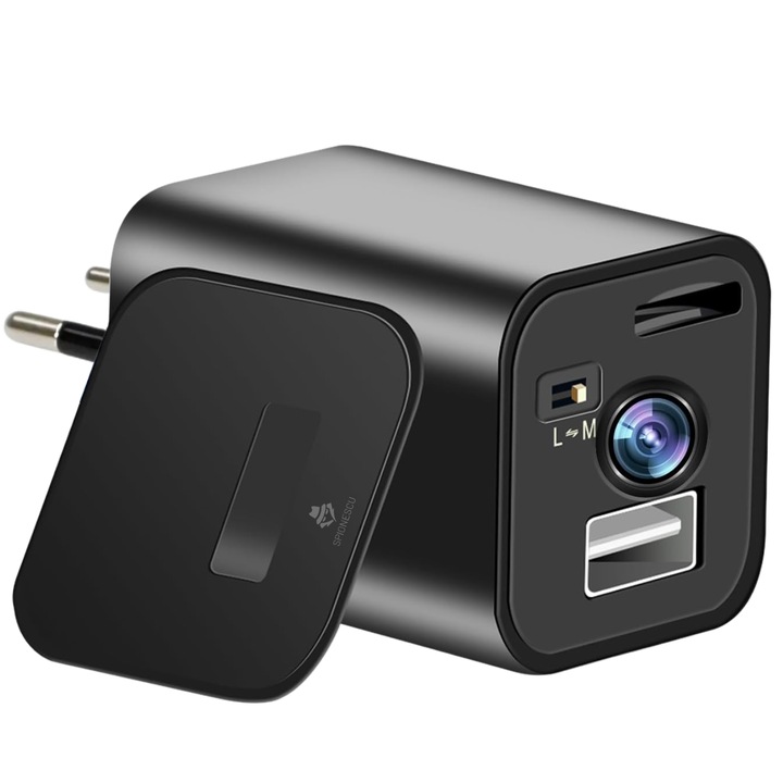 USB töltő 1080P rejtett kamerával, kémkedés, mozgásérzékelés, hurokrögzítés, nincs Wi-Fi, microSD kártya támogatás, diszkrét, non-stop felügyelet, fekete