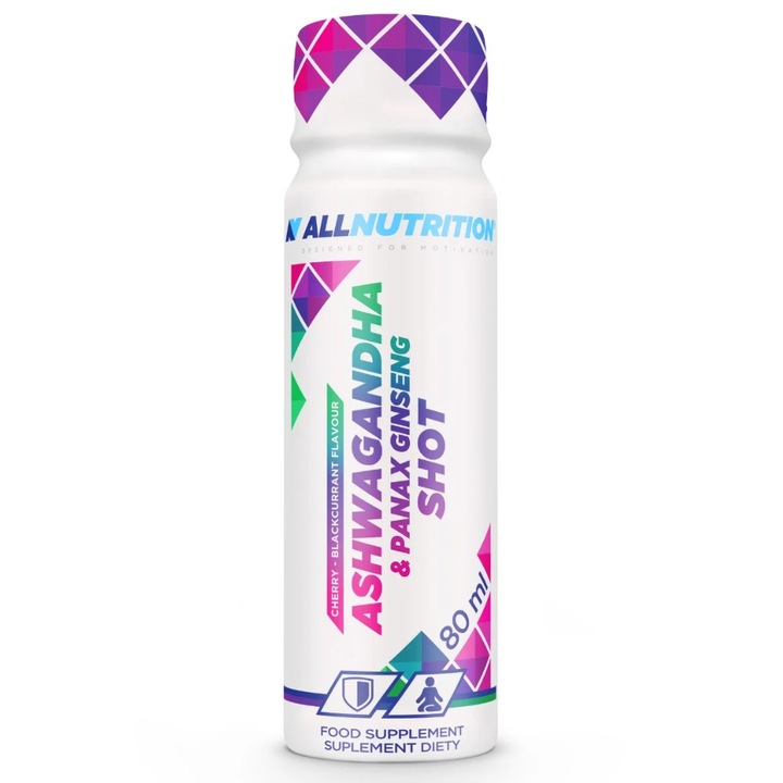 Хранителна добавка, Allnutrition, Ashwagandha & Ginseng Shot - Ashwagandha + Ginseng 80ml Череша и касис