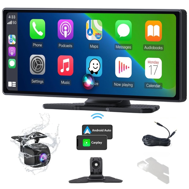 Мултимедия за кола с GPS навигация VarioShop®, 10,26-инчов дисплей, Android & Apple CarPlay, Bluetooth и предна камера, елегантен дизайн, гласово напътствие, интелигентна свързаност, черен
