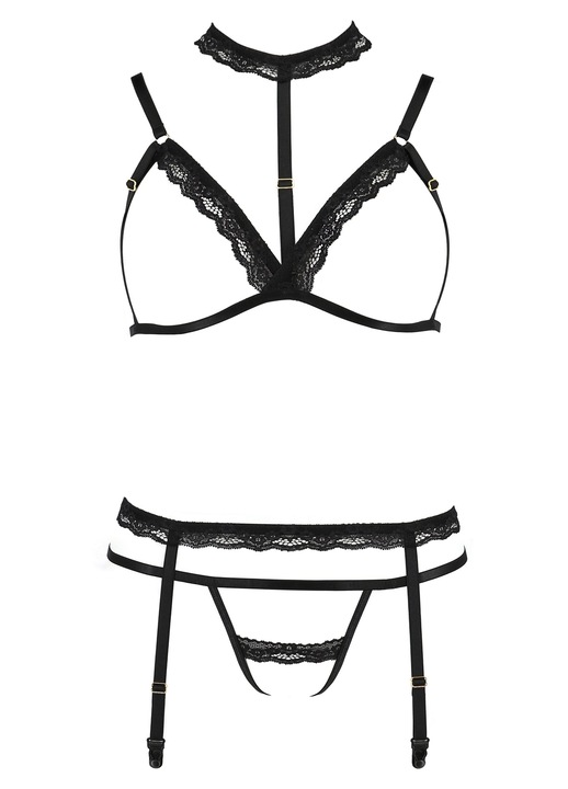 Set Lenjerie Sexy, Passion, Shelly, S/M, Dantela, Cupe Deschise, Tanga, Lenjerie Pentru dama, Negru