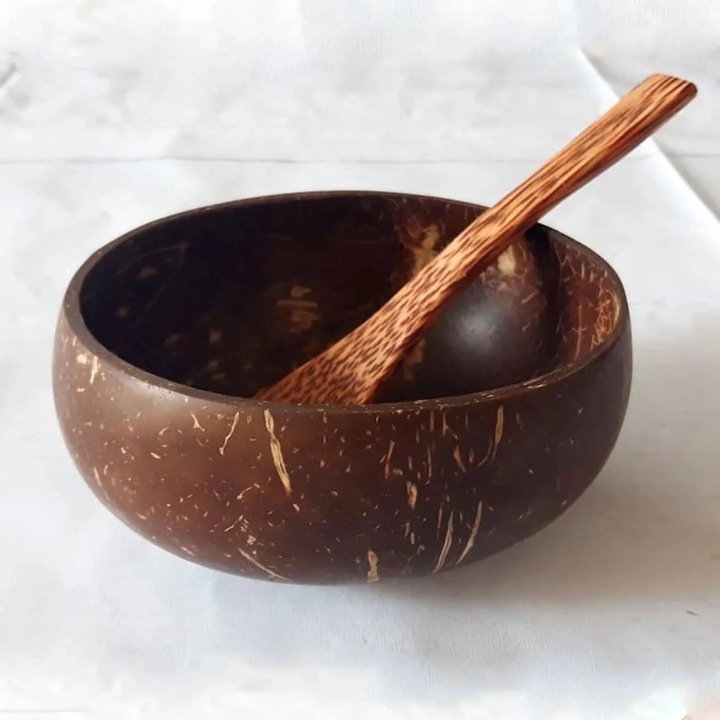 Set 3 boluri din nuca de cocos YANYXR cu lingura lemn natural 15x8cm