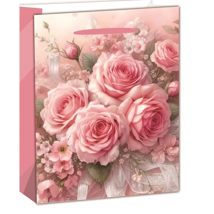 IRIS matt papírtasak rózsacsokros rózsaszín 11 x 14cm