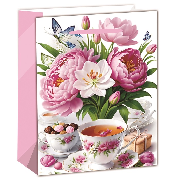 Punga de hartie mata IRIS roz+ceai 18 x 23cm