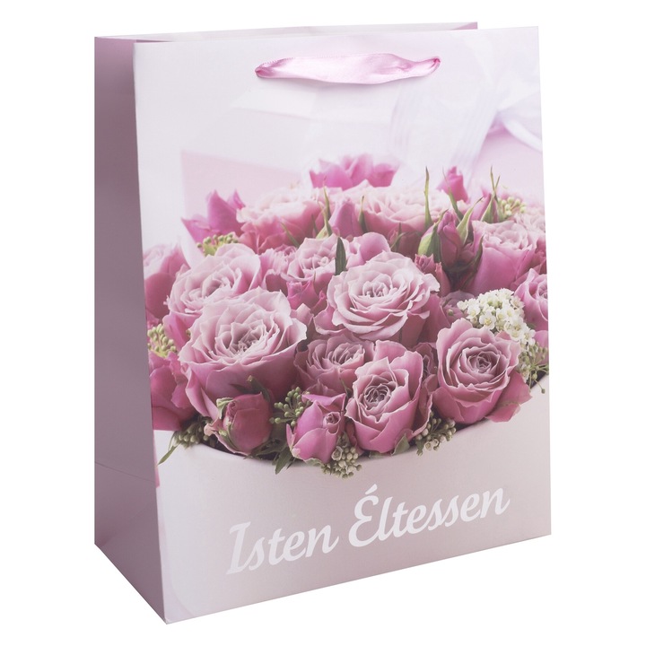 Iris papírtasak matt, "isten éltessen" felirat, rózsaszín rózsadoboz 11*14 cm