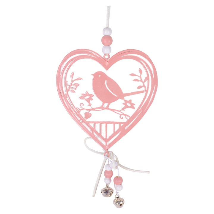 Decoratiune metalica suspendata QX-IMPEX pentru usa, inima+pasare roz, 30x11cm