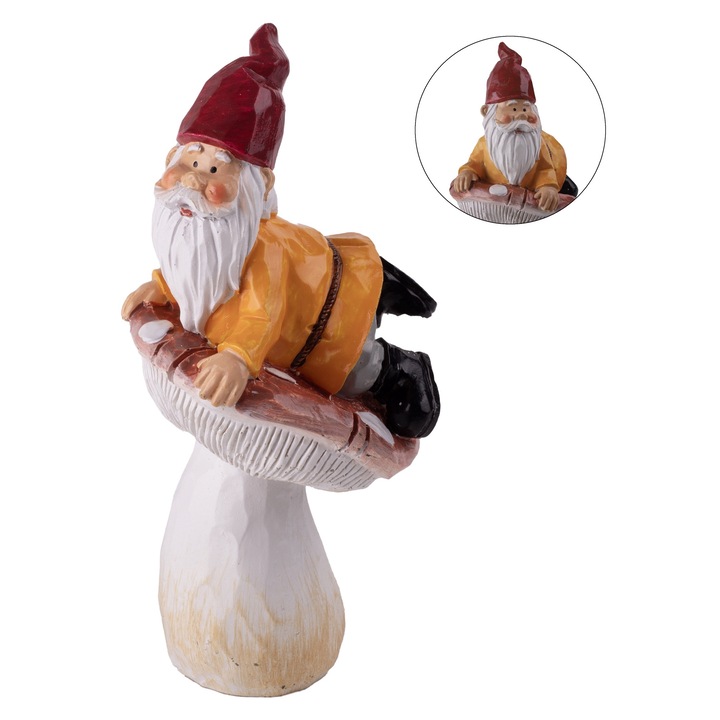 Ciuperca decorativa QX-IMPEX din rasina + pitic portocaliu/rosu 13, 7cm
