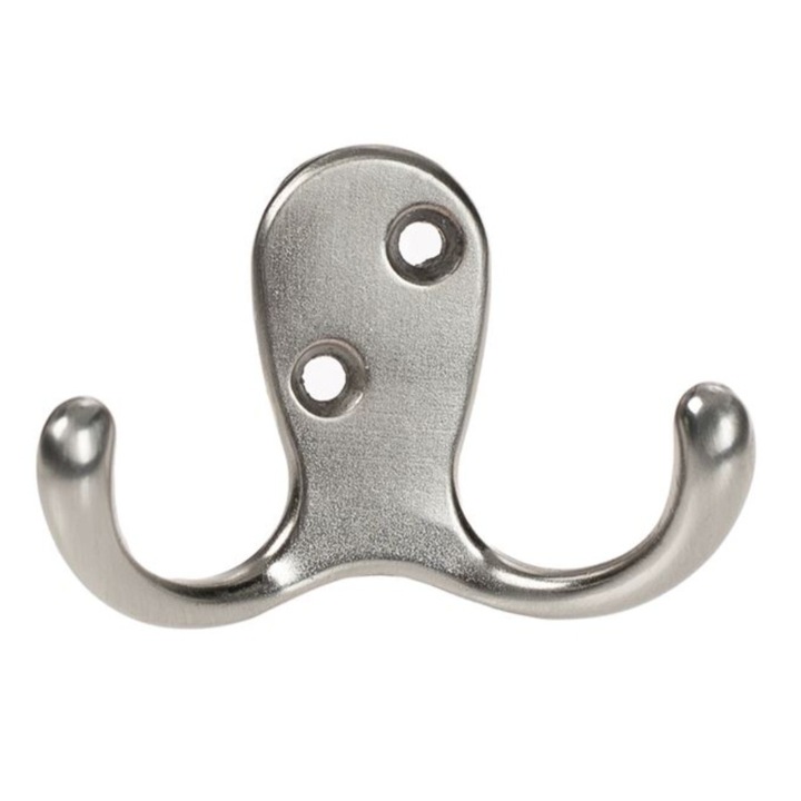 Cuier metalic, dublu, cu suruburi de prindere, argintiu, 7x2.5x4.5 cm