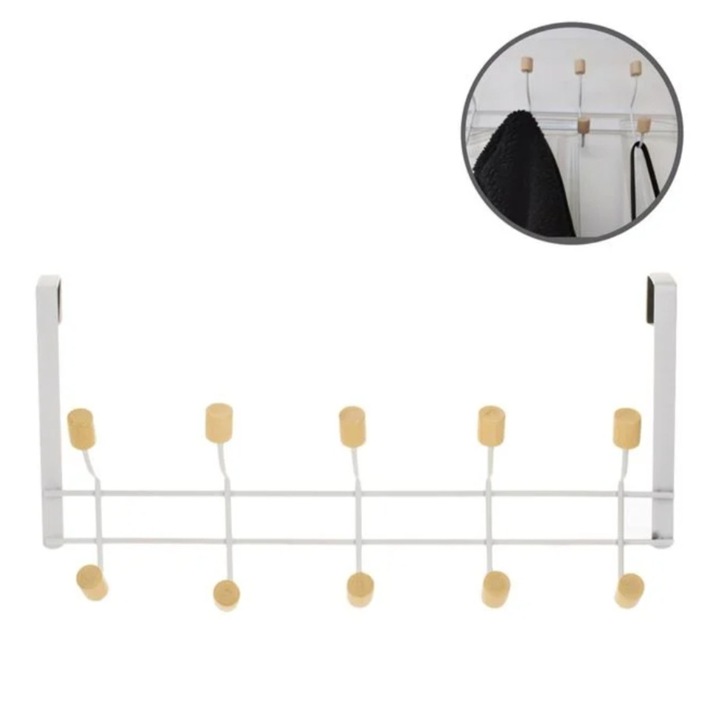 Cuier pentru usa, cu 10 carlige, metalic, alb, 40x5x20cm