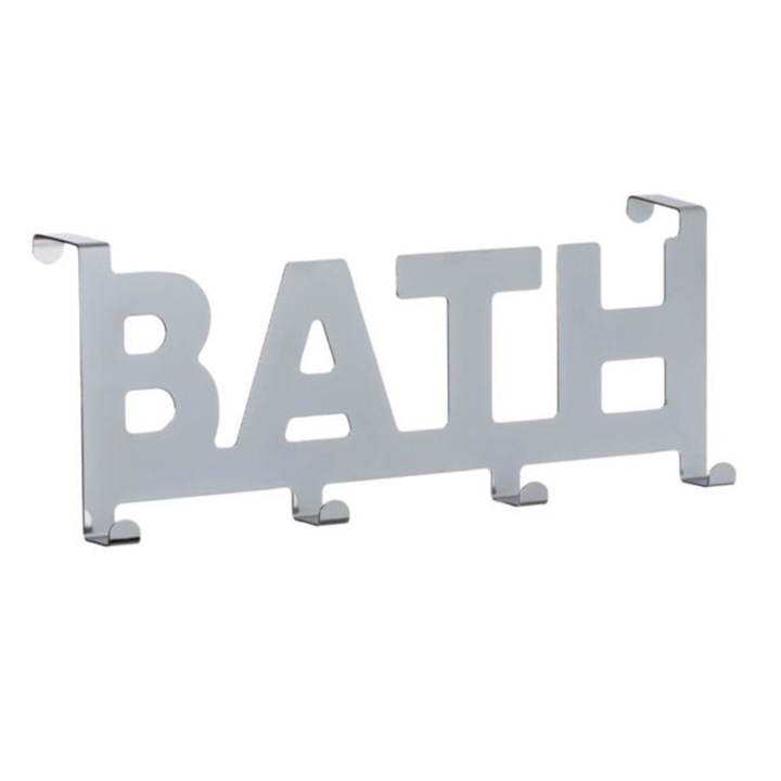 Cuie pentru usa, cu 4 carlige, "BATH", metalic, argintiu, 32x4.5x11.5cm