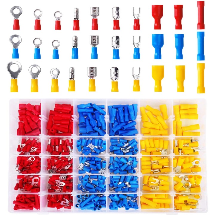 Set de 500 bucati terminale electrice pentru masini, cu conectori tip bullet, spade, furca si butte, dimensiune cutie 27.5x17.5x4.5cm