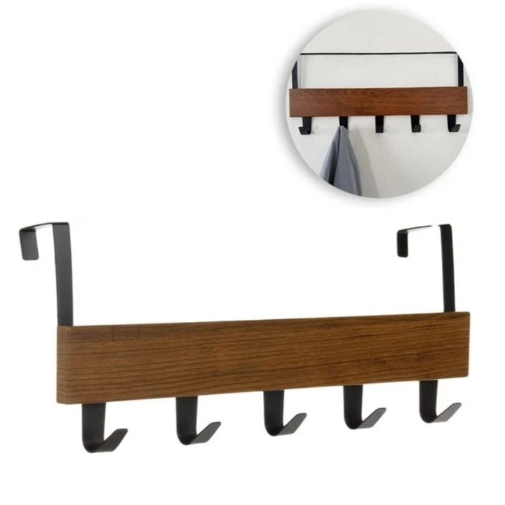 Cuier din lemn, pentru usa, cu 5 carlige metalice, maro, 38x7x16cm