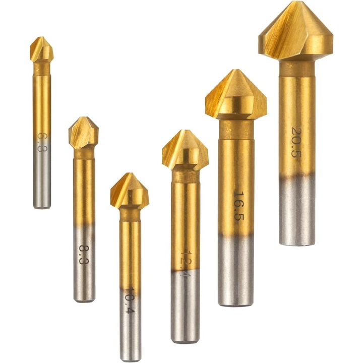 Set 6 freze conice, otel carbon, acoperire titan, auriu, 6.3x63mm-20.5x43mm