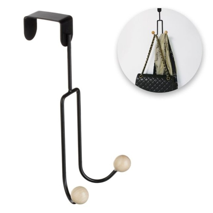 Cuier pentru usa, dublu, metalic, negru, 19x11cm