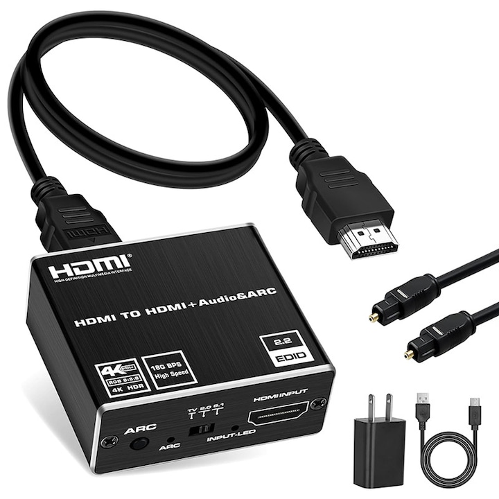 Extractor audio HDMI, Rqiurpn, 4K@60Hz, HDMI 2.0, 3.5mm, HDMI la HDMI+Optical Toslink SPDIF, Negru