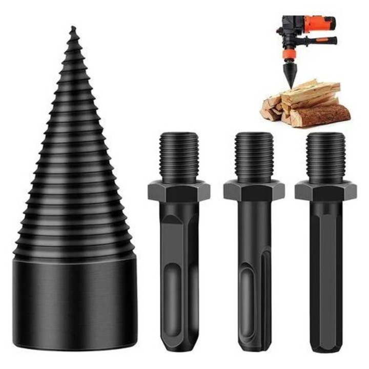 Set burghie pentru despicat lemn, 42mm, din otel conic durabil, cu 3 manere, pentru taierea lemnului