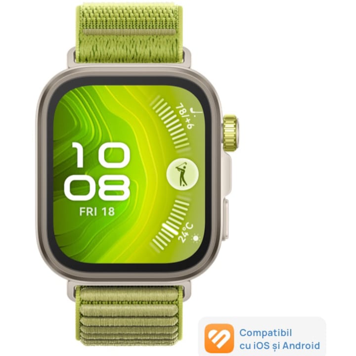 Smartwatch HUAWEI Watch Fit 4 Pro, Titanium Color Body with Green Woven Strap
