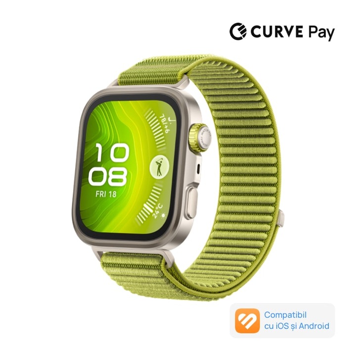 Smartwatch HUAWEI Watch Fit 4 Pro, Titanium Color Body with Green Woven Strap