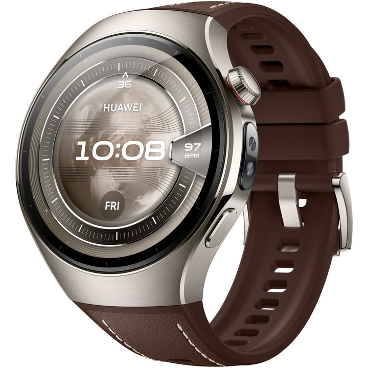 HUAWEI Watch 5 okosóra, 46 mm, Repülőgépipari minőségű titán tok, Kompozit szíj, Sötétbarna