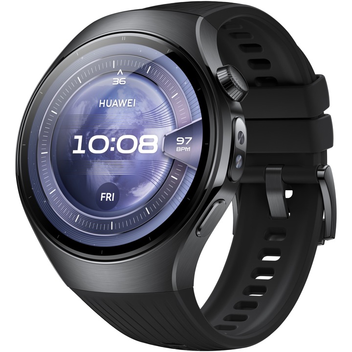 HUAWEI Watch 5 okosóra, 46 mm, Fekete rozsdamentes acél tok, Fluoroelastomer szíj, Fekete